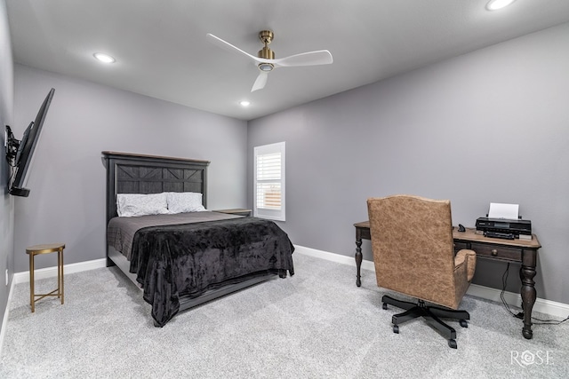 bedroom with carpet, ceiling fan, baseboards, and recessed lighting