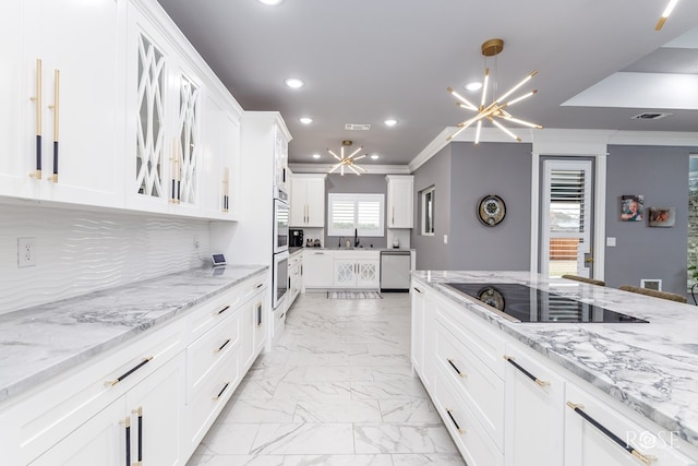 kitchen with dishwashing machine, black electric stovetop, recessed lighting, a sink, and marble finish floor