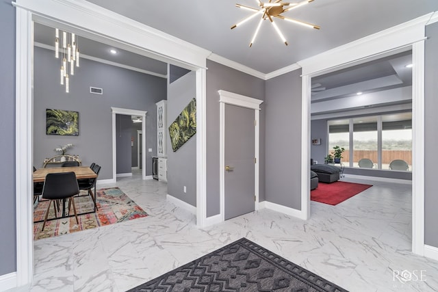 interior space with baseboards, visible vents, ornamental molding, marble finish floor, and a chandelier