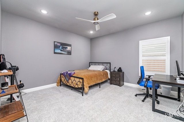 bedroom featuring carpet floors, recessed lighting, and baseboards