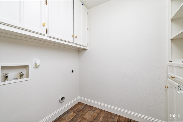 laundry room with dark hardwood / wood-style floors, cabinets, washer hookup, and hookup for an electric dryer