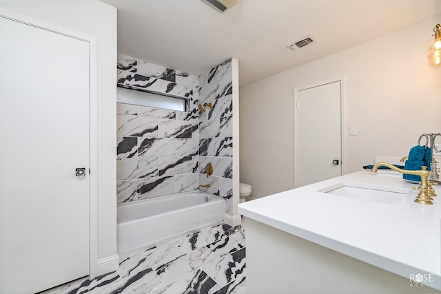 full bathroom featuring vanity, shower / washtub combination, and toilet