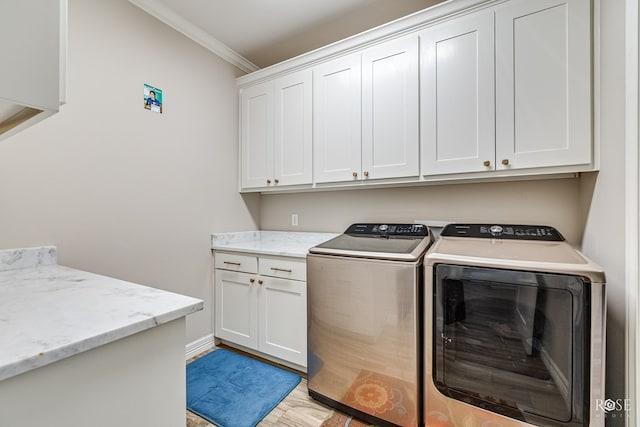 4710 Shadow Crk, San Angelo, TX 76904 - washroom with cabinet space, washer and clothes dryer, ornamental molding, and baseboards