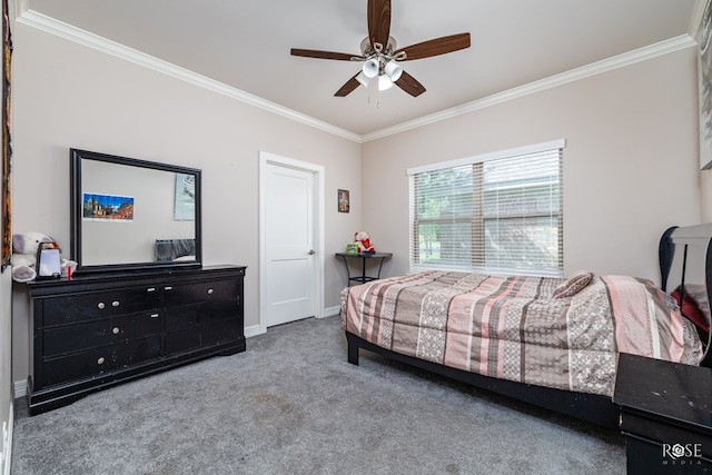 4710 Shadow Crk, San Angelo, TX 76904 - carpeted bedroom with crown molding, a ceiling fan, and baseboards