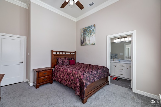 4710 Shadow Crk, San Angelo, TX 76904 - bedroom with ornamental molding, carpet, ensuite bath, baseboards, and a ceiling fan