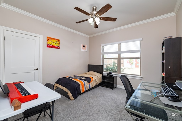 4710 Shadow Crk, San Angelo, TX 76904 - carpeted bedroom featuring ornamental molding, baseboards, a desk, and ceiling fan