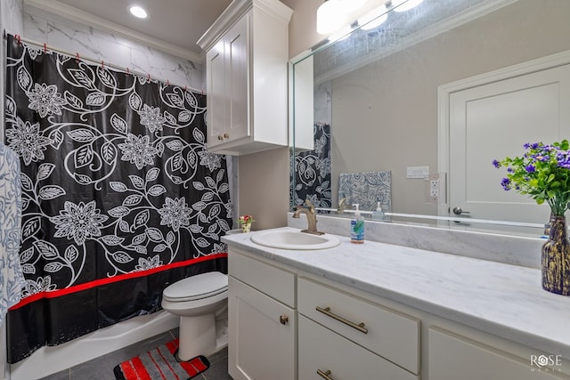4710 Shadow Crk, San Angelo, TX 76904 - bathroom with shower / bath combo with shower curtain, vanity, toilet, tile patterned floors, and ornamental molding