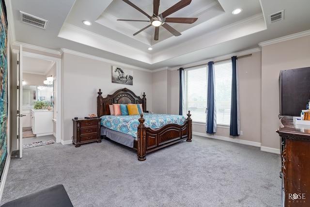 4710 Shadow Crk, San Angelo, TX 76904 - bedroom featuring carpet flooring, a tray ceiling, ornamental molding, baseboards, and recessed lighting