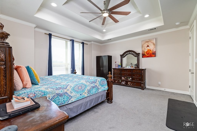 4710 Shadow Crk, San Angelo, TX 76904 - bedroom featuring a raised ceiling, ornamental molding, carpet flooring, recessed lighting, and a ceiling fan