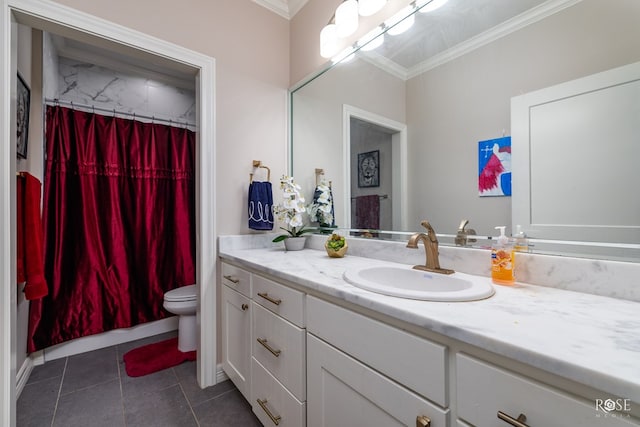 4710 Shadow Crk, San Angelo, TX 76904 - bathroom with ornamental molding, toilet, vanity, tile patterned floors, and curtained shower