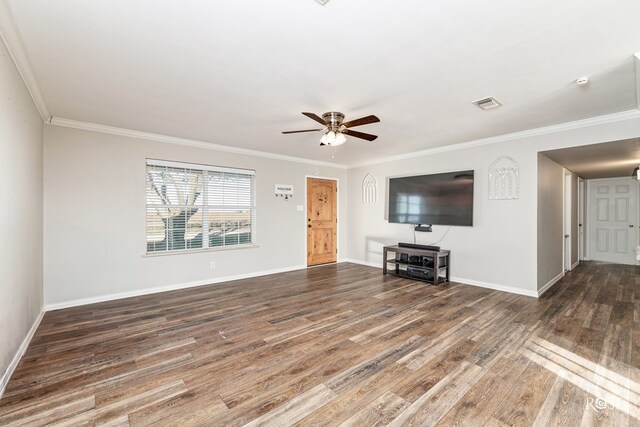 unfurnished living room with crown molding, dark wood-type flooring, and ceiling fan