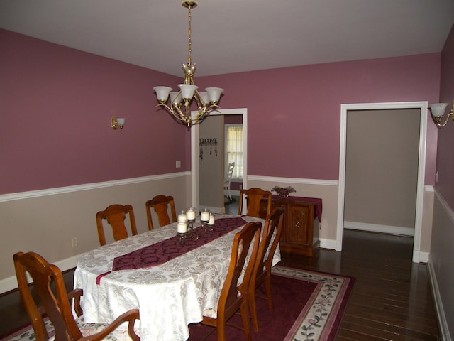 dining room with a notable chandelier and dark wood-type flooring