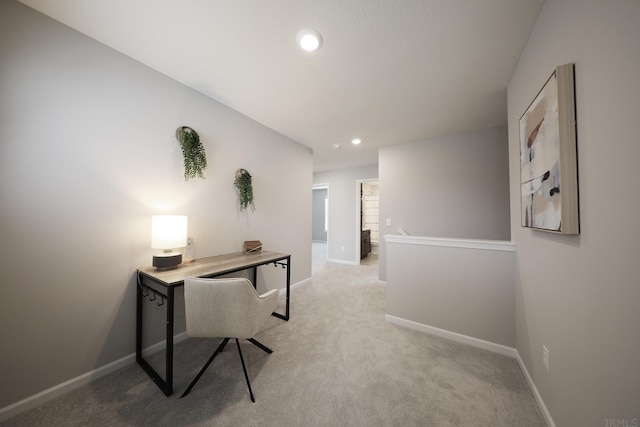 office with baseboards, recessed lighting, and light colored carpet