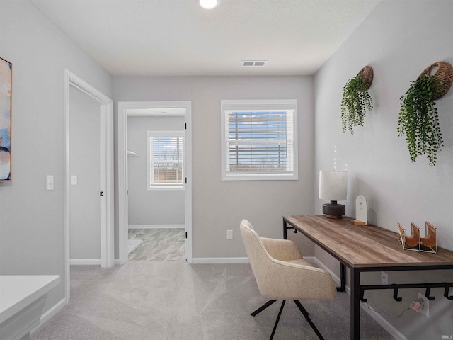 office area featuring light colored carpet, visible vents, and baseboards