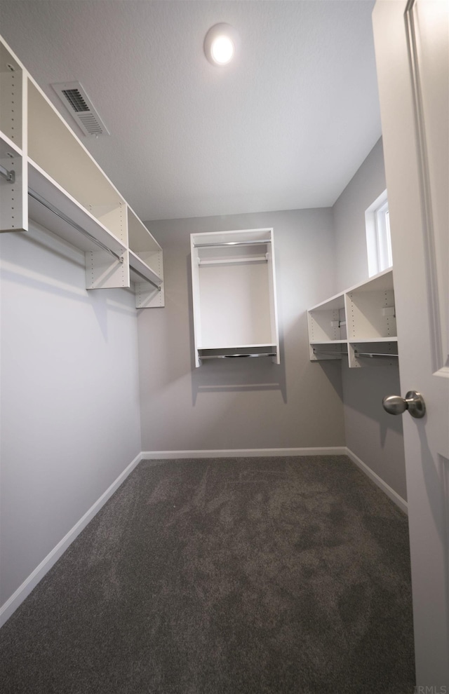 walk in closet featuring dark carpet