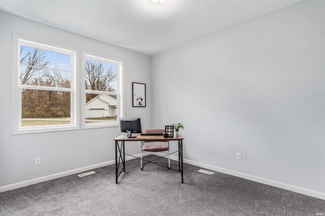 carpeted home office with a textured ceiling