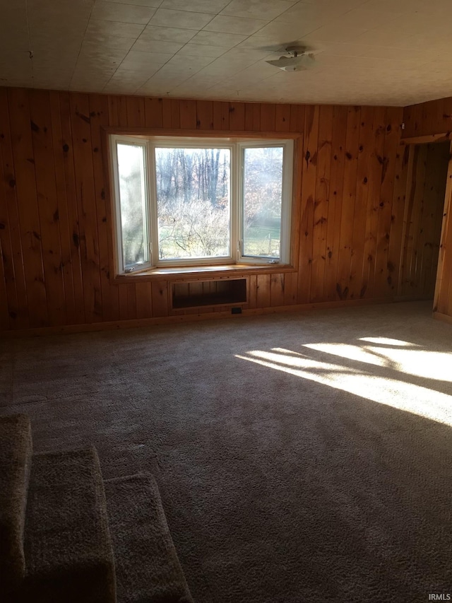 unfurnished room featuring wooden walls and carpet floors