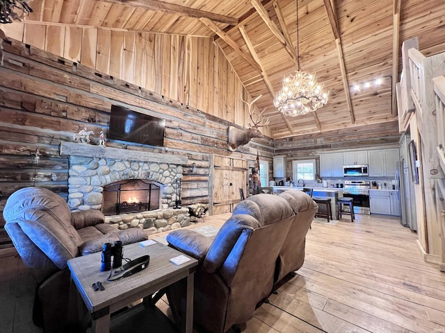 living room with a fireplace, high vaulted ceiling, beamed ceiling, and wood ceiling