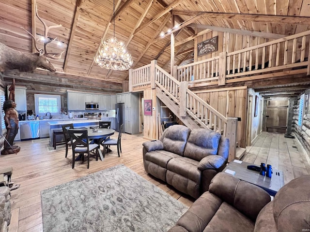 living room with high vaulted ceiling, wood ceiling, and light wood-type flooring