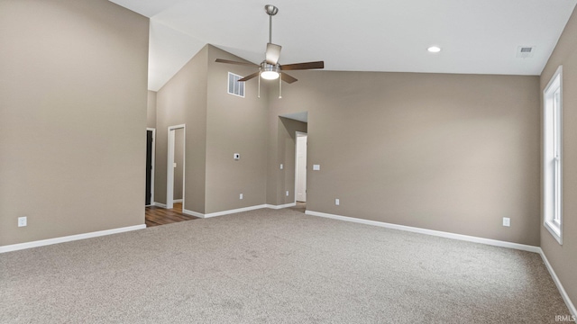 interior space with carpet flooring, plenty of natural light, and ceiling fan