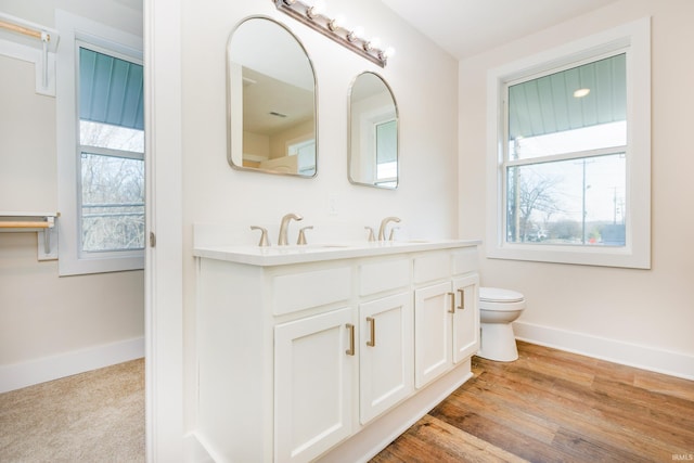 bathroom with vanity, hardwood / wood-style floors, and toilet