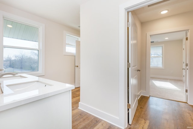 bathroom featuring vanity and hardwood / wood-style floors