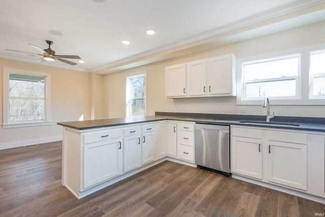 kitchen featuring sink, dishwasher, white cabinets, dark hardwood / wood-style flooring, and kitchen peninsula