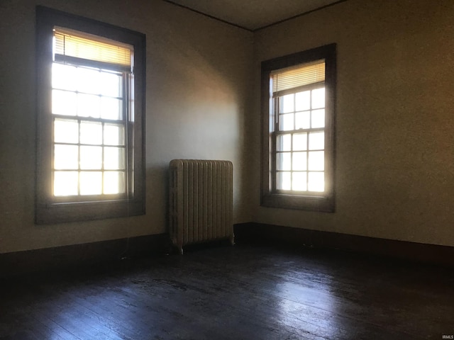 spare room featuring radiator, plenty of natural light, and dark hardwood / wood-style floors