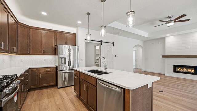 002 Ln 520 Lake James Unit 2, Fremont, IN 46737 - kitchen featuring backsplash, a sink, a barn door, light wood-type flooring, and stainless steel appliances