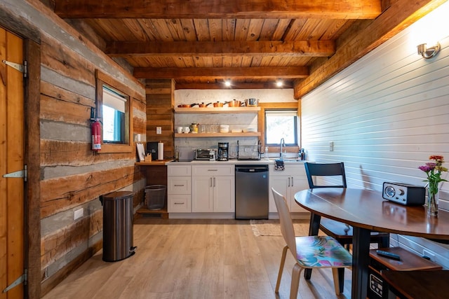 kitchen featuring wooden walls, dishwasher, light wood-type flooring, white cabinetry, and wooden ceiling