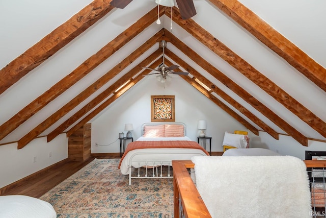 bedroom featuring lofted ceiling with beams, hardwood / wood-style floors, and ceiling fan