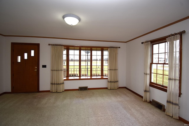 interior space featuring light carpet and crown molding