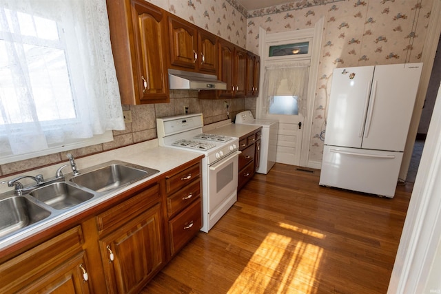 kitchen featuring sink, tasteful backsplash, white appliances, and hardwood / wood-style floors