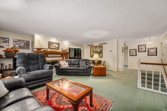 living room featuring crown molding, carpet floors, and a textured ceiling