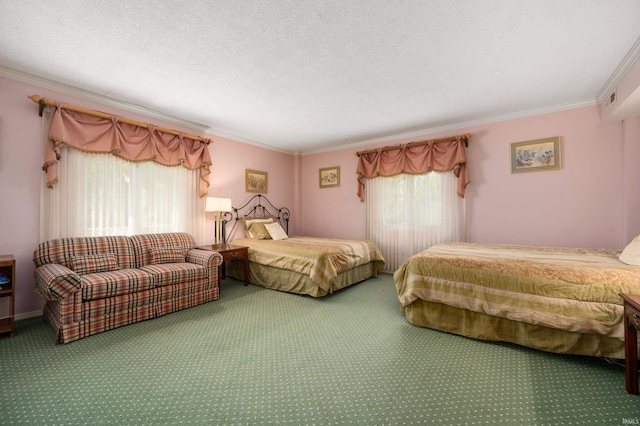 carpeted bedroom featuring a textured ceiling and crown molding