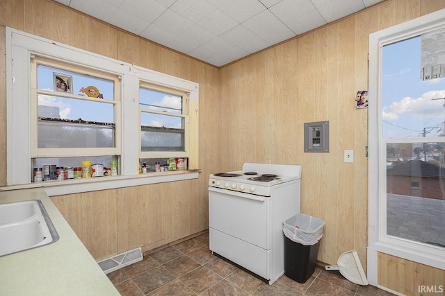 laundry room with sink, wood walls, and dark tile flooring