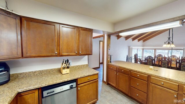 kitchen featuring beamed ceiling, light tile floors, light stone countertops, dishwasher, and hanging light fixtures