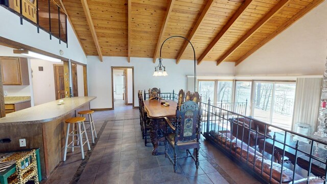 tiled dining room with an inviting chandelier, beam ceiling, high vaulted ceiling, and wooden ceiling