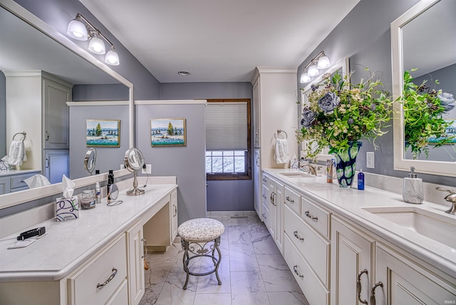 bathroom with tile flooring and double vanity