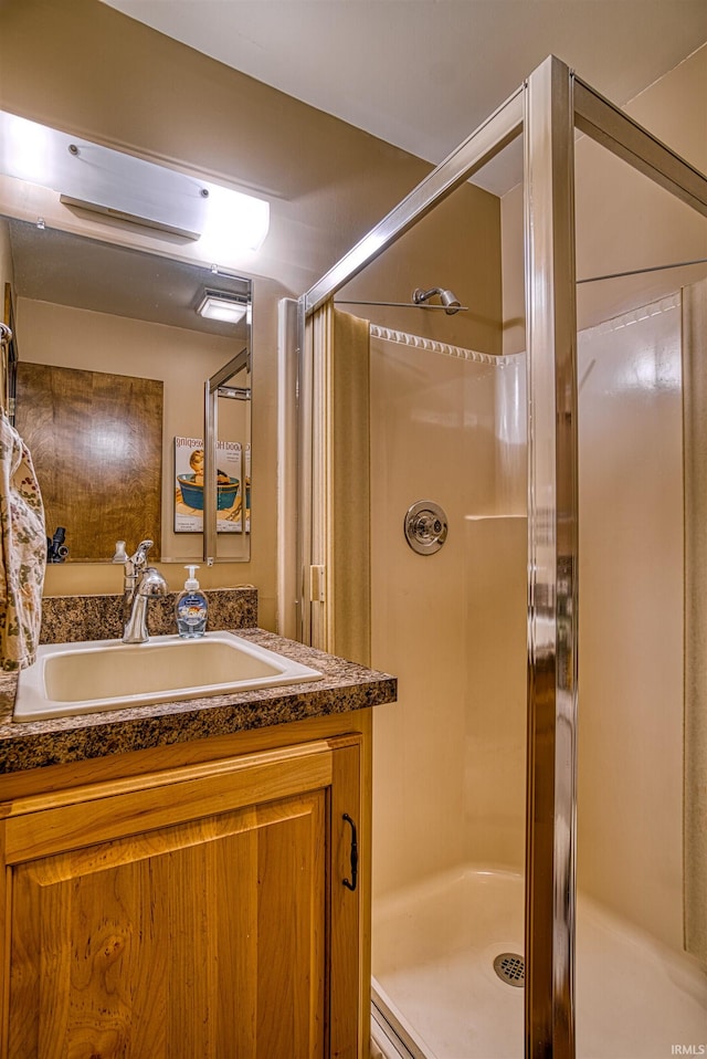 bathroom with vanity and a shower with shower door