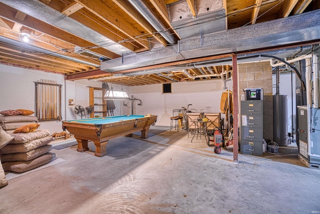 rec room with gas water heater, concrete flooring, and pool table