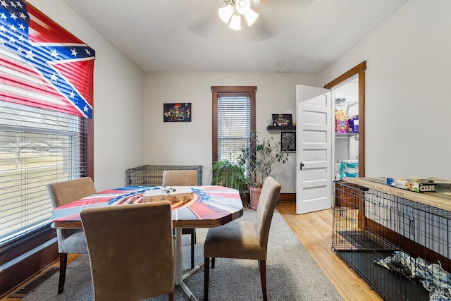 dining room with light hardwood / wood-style floors, a textured ceiling, and ceiling fan