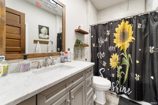 bathroom with hardwood / wood-style floors, toilet, and vanity with extensive cabinet space