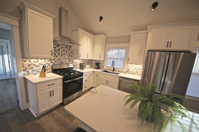 kitchen featuring tasteful backsplash, stainless steel appliances, sink, wall chimney exhaust hood, and white cabinets