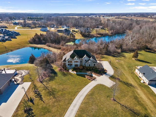 drone / aerial view featuring a water view