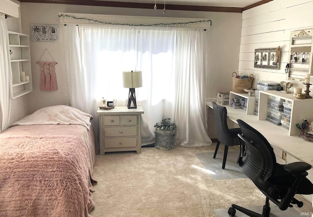 carpeted bedroom with crown molding