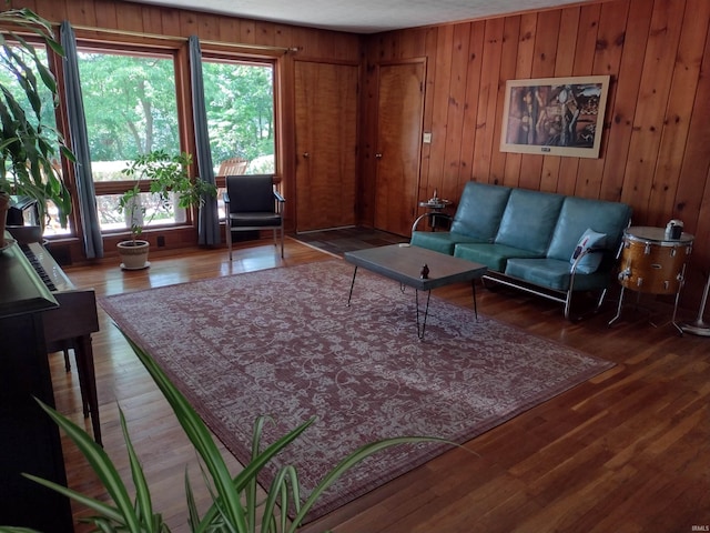 living room with wooden walls and dark wood-type flooring