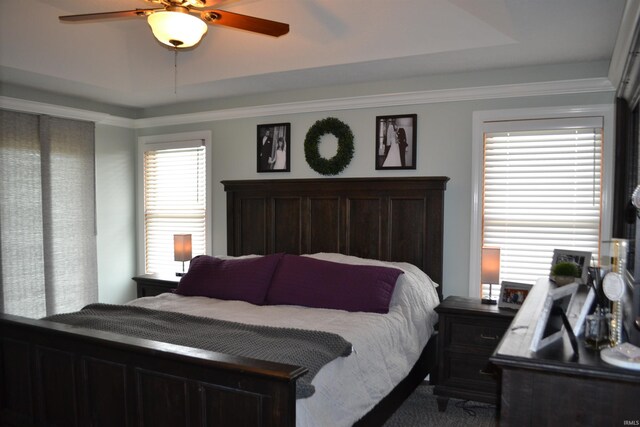 bedroom with ceiling fan and a raised ceiling