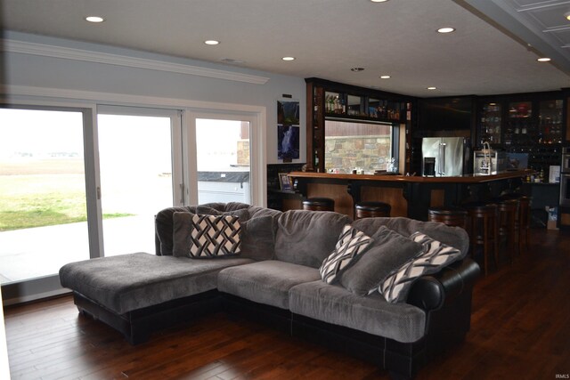 living room with ornamental molding, indoor bar, and dark hardwood / wood-style floors