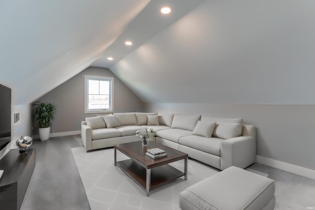 living room with light carpet and lofted ceiling